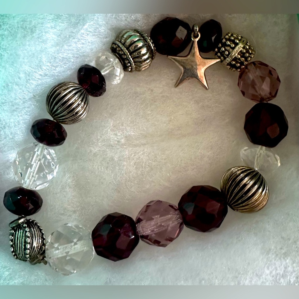 Stunning Artisan 925 Sterling Silver Star Charm Pink Purple Beads Bracelet OOAK